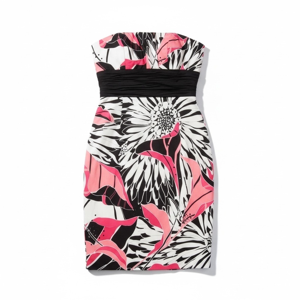 Adrianna Papell Strapless Black and Pink Floral Dress